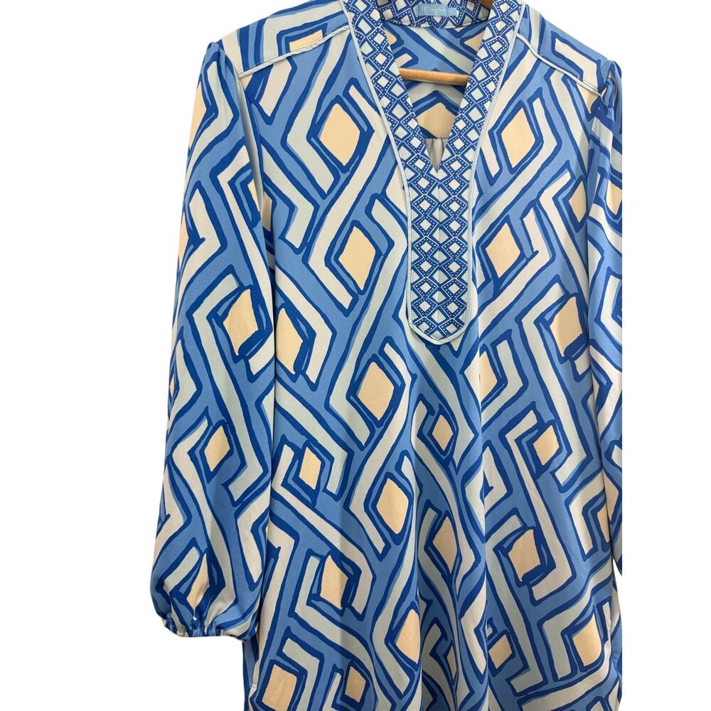 J McLaughlin Emer Dress M Blue Geo Print V-Neck 3/4 Sleeve Midi Casual Resort - Picture 6 of 9